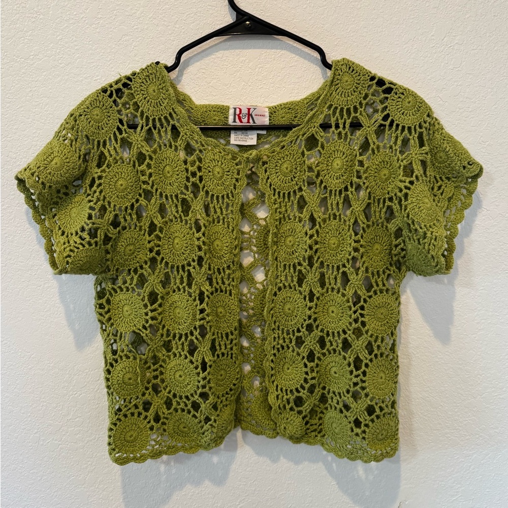 Vintage 90s Boho Crochet Cardigan Olive Green Open Knit Top